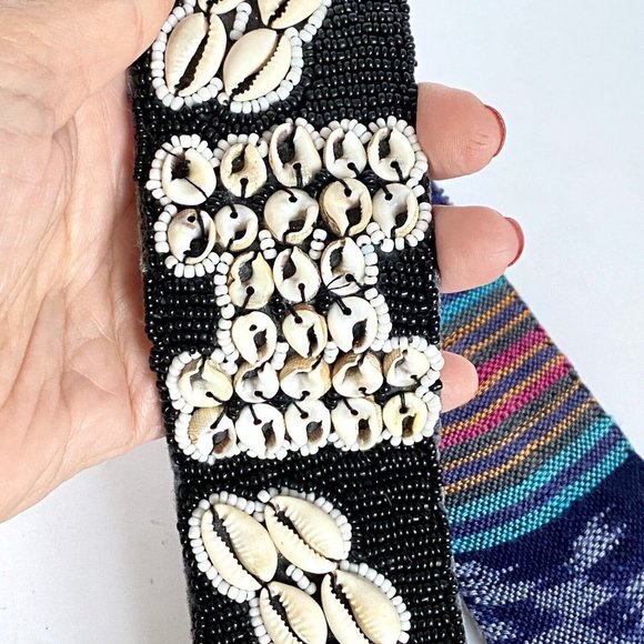 BOHO Black White Beaded Hippie Cowrie Shell & Coconut Buttons Women's Tied Belt - Picture 3 of 5
